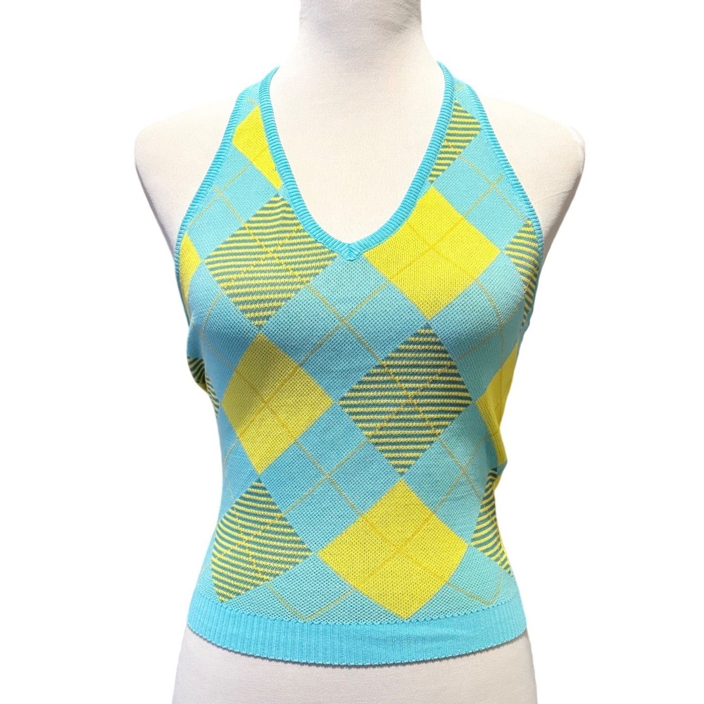 Cider Halter Top Women Medium Blue Yellow Argyle Knit V-Neck Backless Preppy Y2K